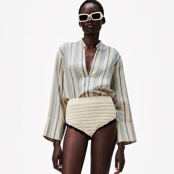 ZARA Striped Flowy Shirt Blouse Viscose - Picture 1 of 7